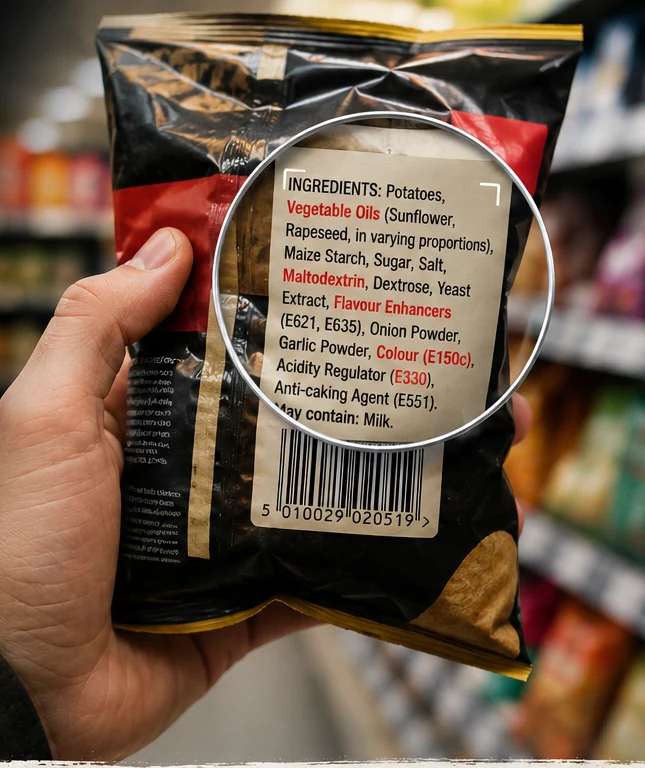 A shopper holding a packaged food while checking its ingredient label